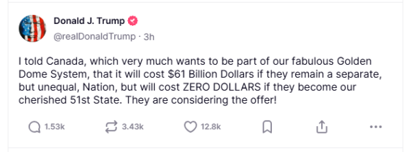 亿融配资 特朗普喊话加拿大：成为美国第51个州可免费获“金穹”保护！